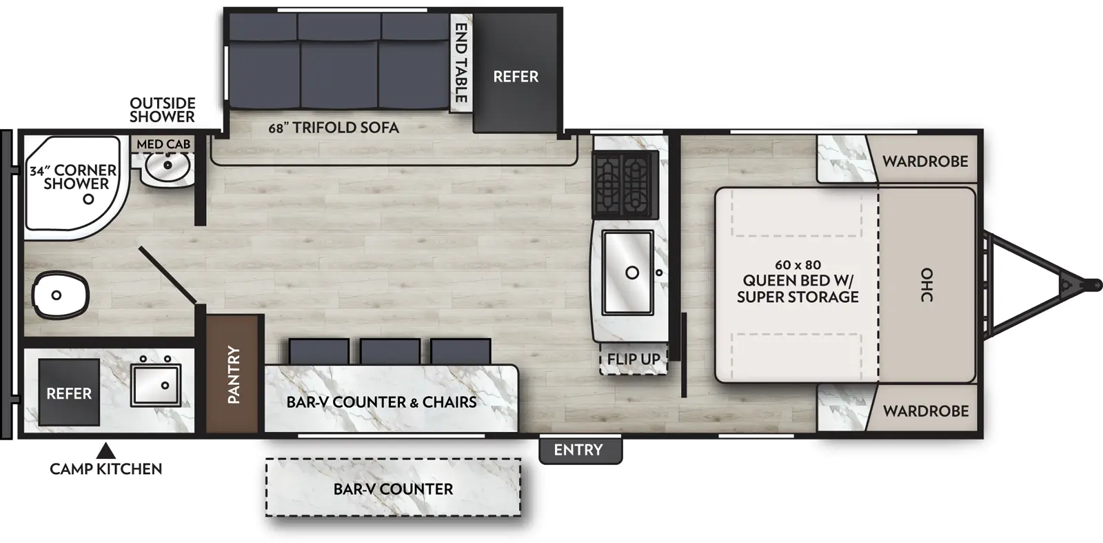 The Apex Ultra-Lite 242BARV floorplan has one entry and one slide out. Exterior features include: fiberglass exterior, 16' awning and outside kitchen. Interiors features include: front bedroom and rear bathroom.
